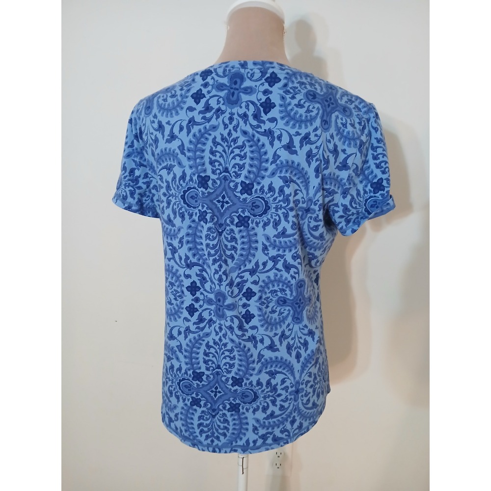 T by Talbots Womens Blue Damask Paisley Stretch Tee Top Large Modest - Picture 4 of 10